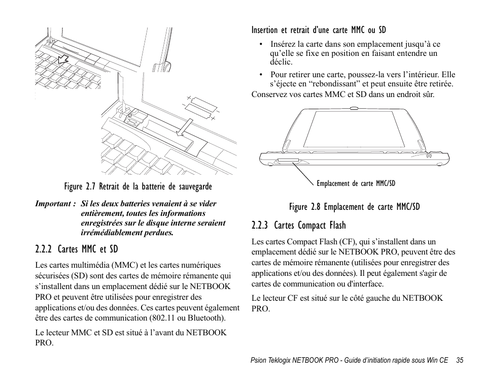 2 cartes mmc et sd, 3 cartes compact flash, 2 cartes mmc et sd 2.2.3 cartes compact flash | Psion Teklogix Notebook Pro User Manual | Page 37 / 72
