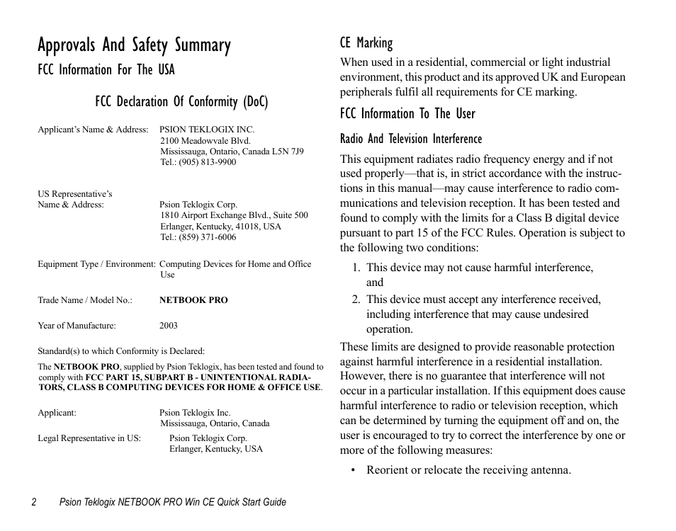 Approvals and safety summary, Ce marking, Fcc information to the user | Radio and television interference | Psion Teklogix Notebook Pro User Manual | Page 4 / 72