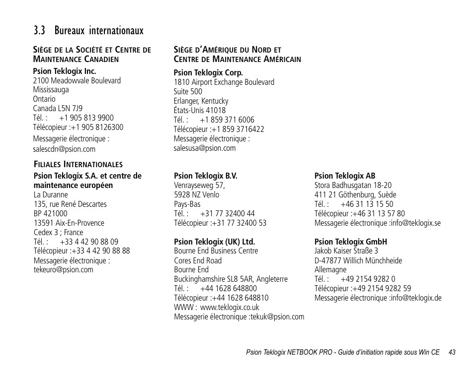 3 bureaux internationaux | Psion Teklogix Notebook Pro User Manual | Page 45 / 72
