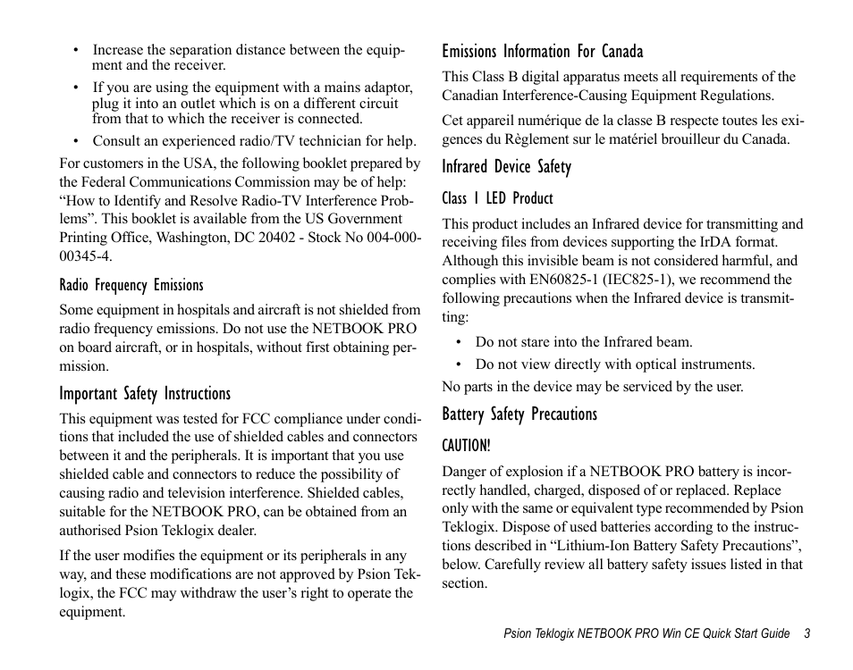 Important safety instructions, Emissions information for canada, Infrared device safety | Battery safety precautions | Psion Teklogix Notebook Pro User Manual | Page 5 / 72