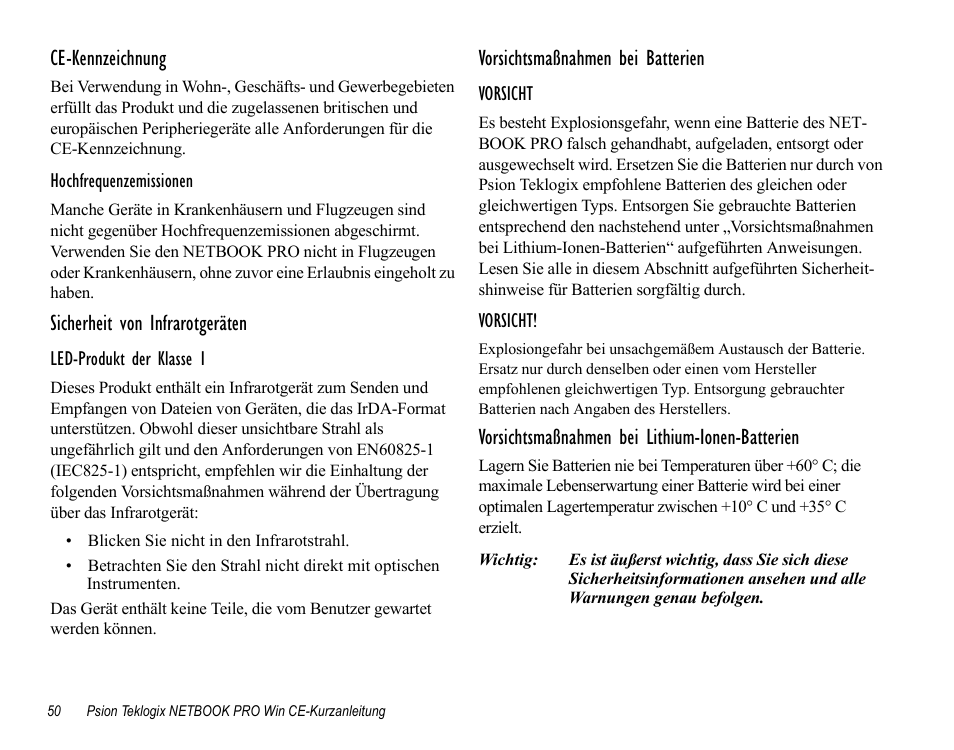 Ce-kennzeichnung, Sicherheit von infrarotgeräten, Vorsichtsmaßnahmen bei batterien | Vorsichtsmaßnahmen bei lithium-ionen-batterien | Psion Teklogix Notebook Pro User Manual | Page 52 / 72