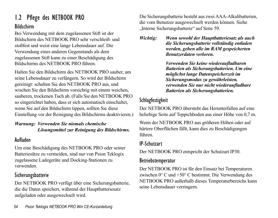 2 pflege des netbook pro, Bildschirm, Aufladen | Sicherungsbatterie, Schlagfestigkeit, Ip-schutzart, Betriebstemperatur | Psion Teklogix Notebook Pro User Manual | Page 56 / 72