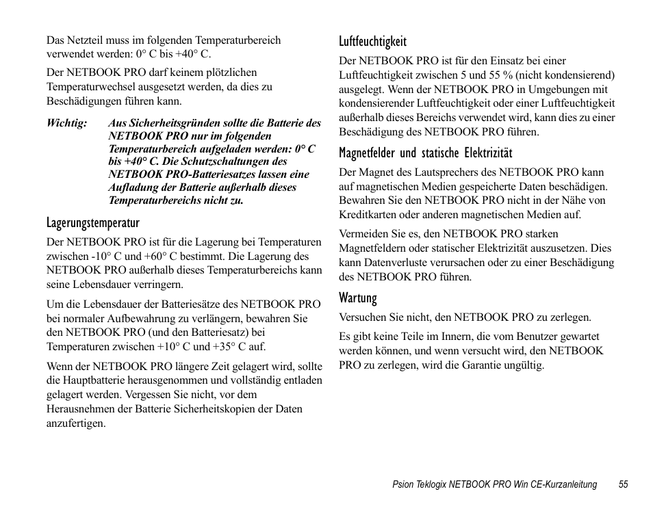 Lagerungstemperatur, Luftfeuchtigkeit, Magnetfelder und statische elektrizität | Wartung | Psion Teklogix Notebook Pro User Manual | Page 57 / 72