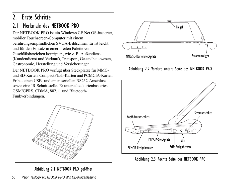 Erste schritte, 1 merkmale des netbook pro | Psion Teklogix Notebook Pro User Manual | Page 58 / 72