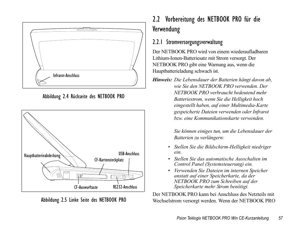 2 vorbereitung des netbook pro für die verwendung, 1 stromversorgungsverwaltung, 2 vorbereitung des netbook pro für die | Verwendung | Psion Teklogix Notebook Pro User Manual | Page 59 / 72