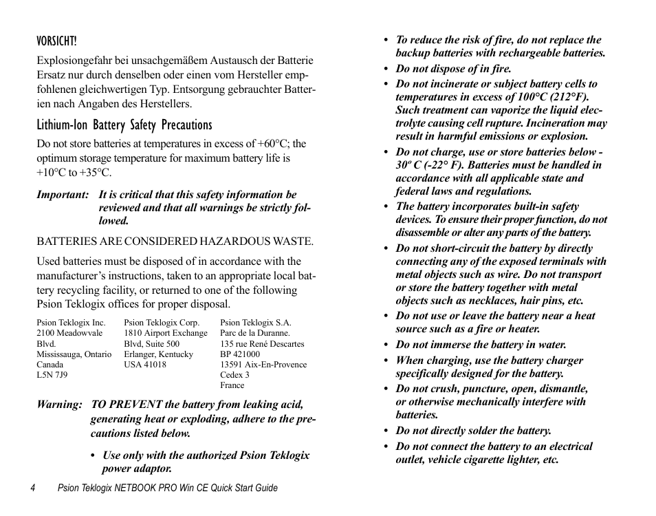 Lithium-ion battery safety precautions, Vorsicht | Psion Teklogix Notebook Pro User Manual | Page 6 / 72