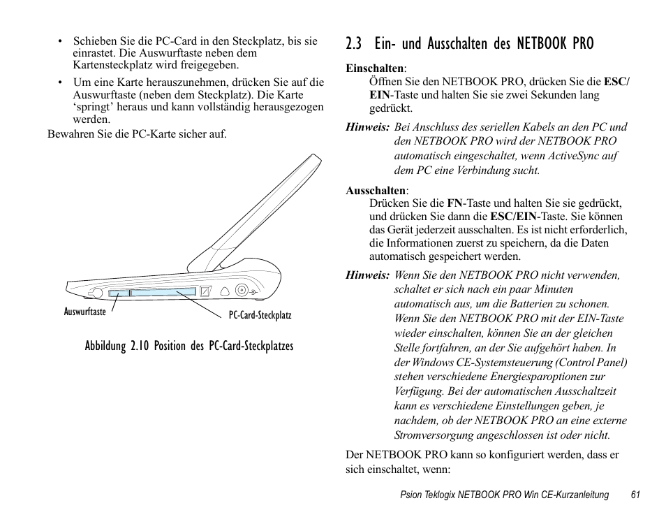 3 ein- und ausschalten des netbook pro | Psion Teklogix Notebook Pro User Manual | Page 63 / 72