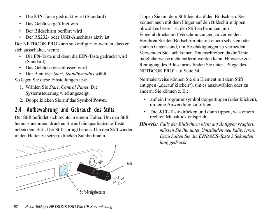 4 aufbewahrung und gebrauch des stifts | Psion Teklogix Notebook Pro User Manual | Page 64 / 72