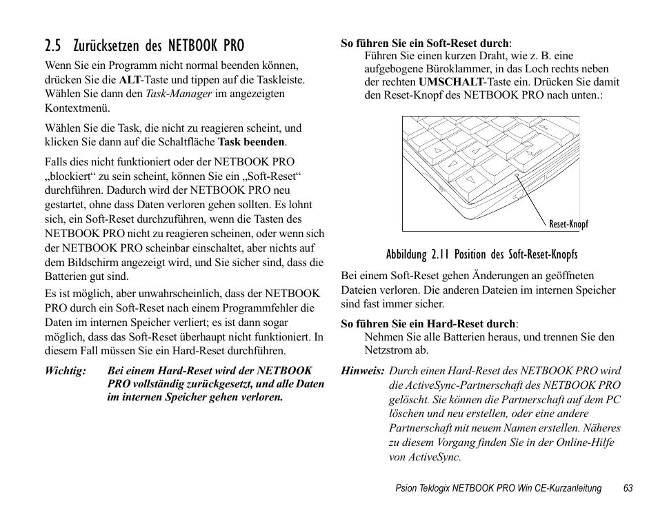 5 zurücksetzen des netbook pro | Psion Teklogix Notebook Pro User Manual | Page 65 / 72