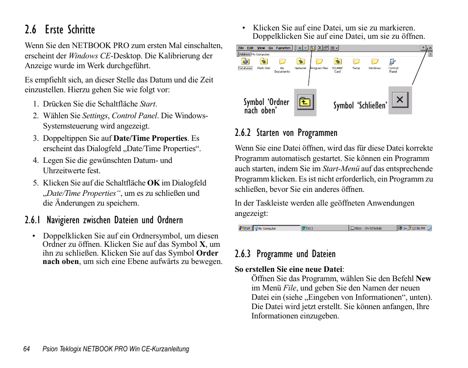 6 erste schritte, 1 navigieren zwischen dateien und ordnern, 2 starten von programmen | 3 programme und dateien | Psion Teklogix Notebook Pro User Manual | Page 66 / 72