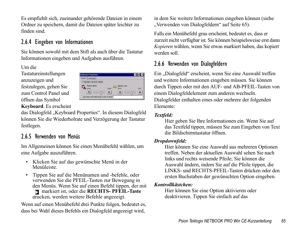 4 eingeben von informationen, 5 verwenden von menüs, 6 verwenden von dialogfeldern | Psion Teklogix Notebook Pro User Manual | Page 67 / 72
