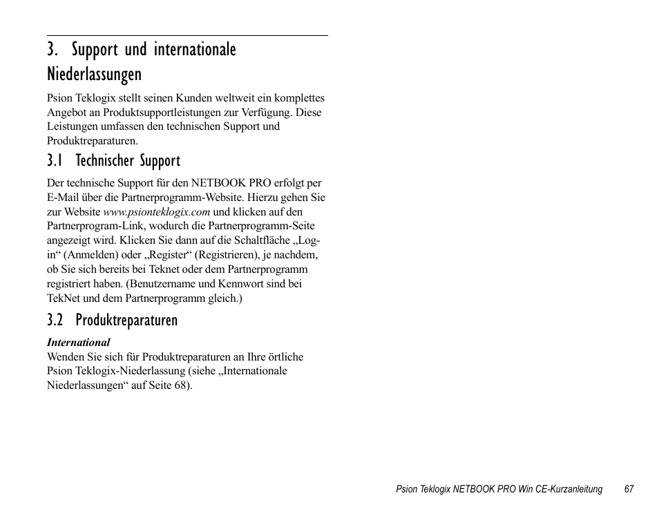 Support und internationale niederlassungen, 1 technischer support, 2 produktreparaturen | 1 technischer support 3.2 produktreparaturen | Psion Teklogix Notebook Pro User Manual | Page 69 / 72