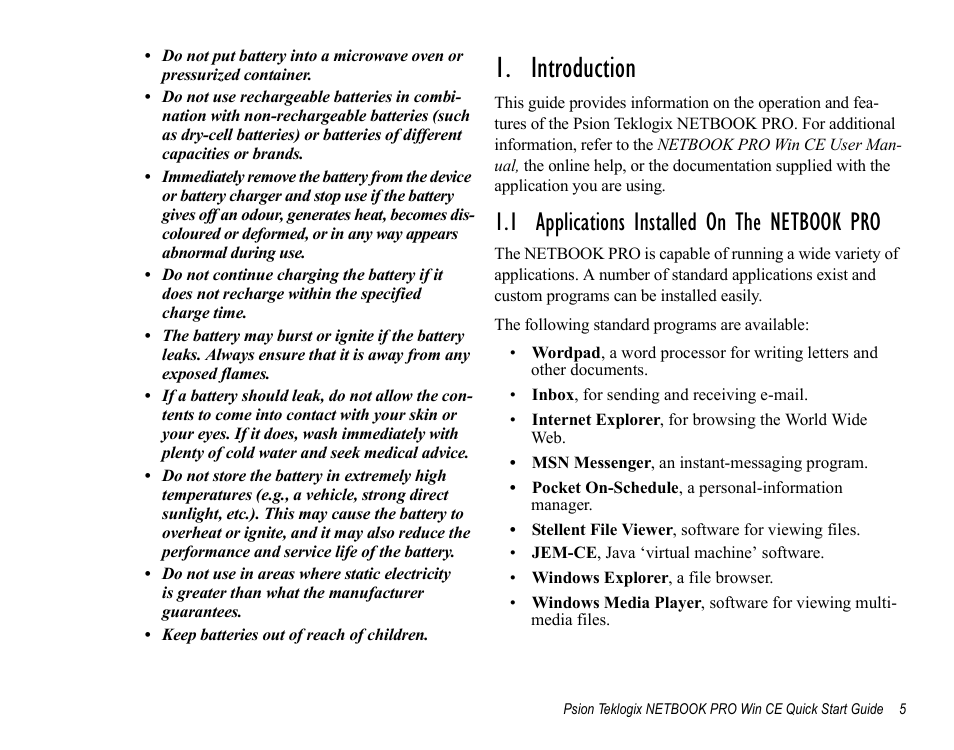 Introduction, 1 applications installed on the netbook pro, 1 applications installed on the netbook pro . 5 | Psion Teklogix Notebook Pro User Manual | Page 7 / 72