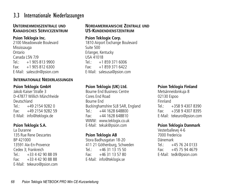 3 internationale niederlassungen | Psion Teklogix Notebook Pro User Manual | Page 70 / 72