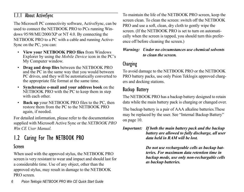 1 about activesync, 2 caring for the netbook pro, Screen | Charging, Backup battery | Psion Teklogix Notebook Pro User Manual | Page 8 / 72