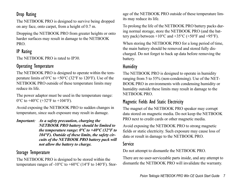 Drop rating, Ip rating, Operating temperature | Storage temperature, Humidity, Magnetic fields and static electricity, Service | Psion Teklogix Notebook Pro User Manual | Page 9 / 72