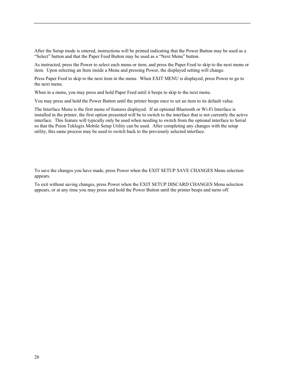 Using setup, Exiting setup | Psion Teklogix PrintAbout MP2000 User Manual | Page 32 / 55