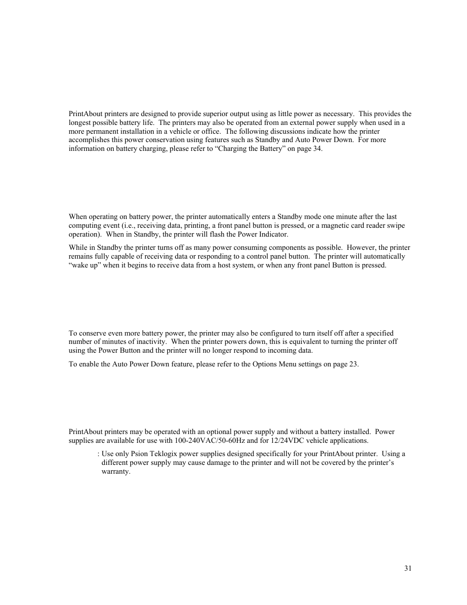 Power considerations, Standby operation, Auto power down | Operation without a battery, Power considerations p | Psion Teklogix PrintAbout MP2000 User Manual | Page 37 / 55