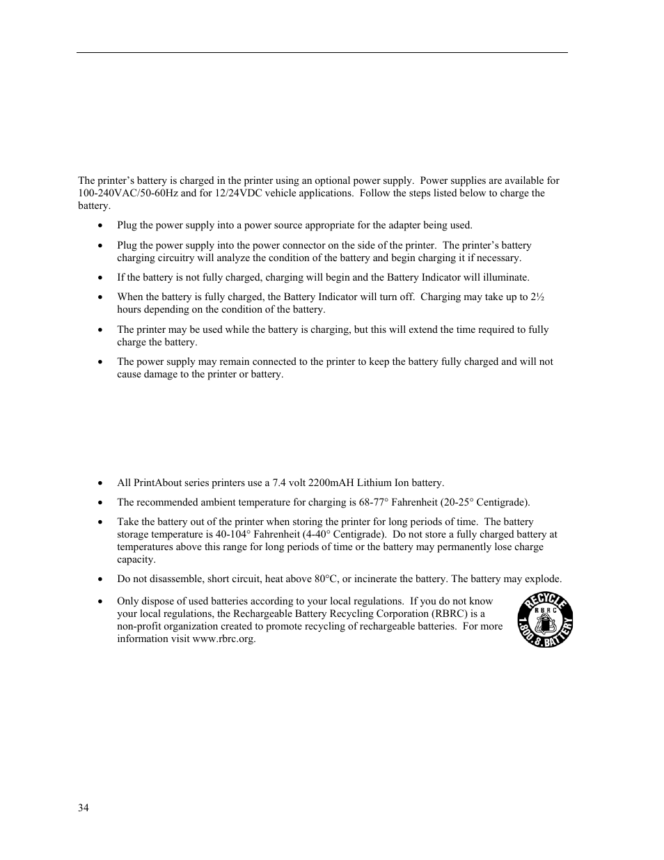 Battery care, Charging the battery, Additional battery and safety information | Charging the battery” on | Psion Teklogix PrintAbout MP2000 User Manual | Page 40 / 55