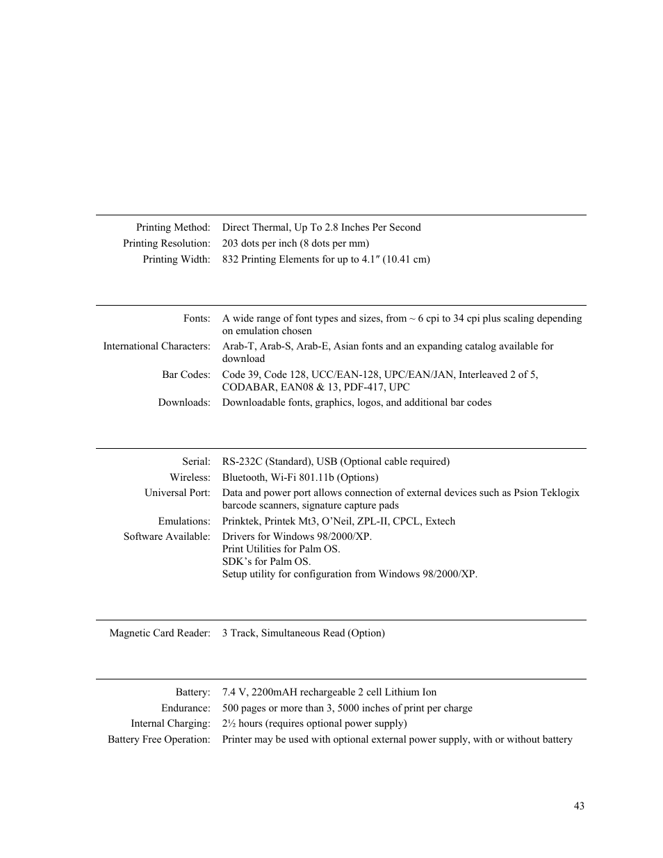 Specifications, Printer specifications | Psion Teklogix PrintAbout MP2000 User Manual | Page 49 / 55