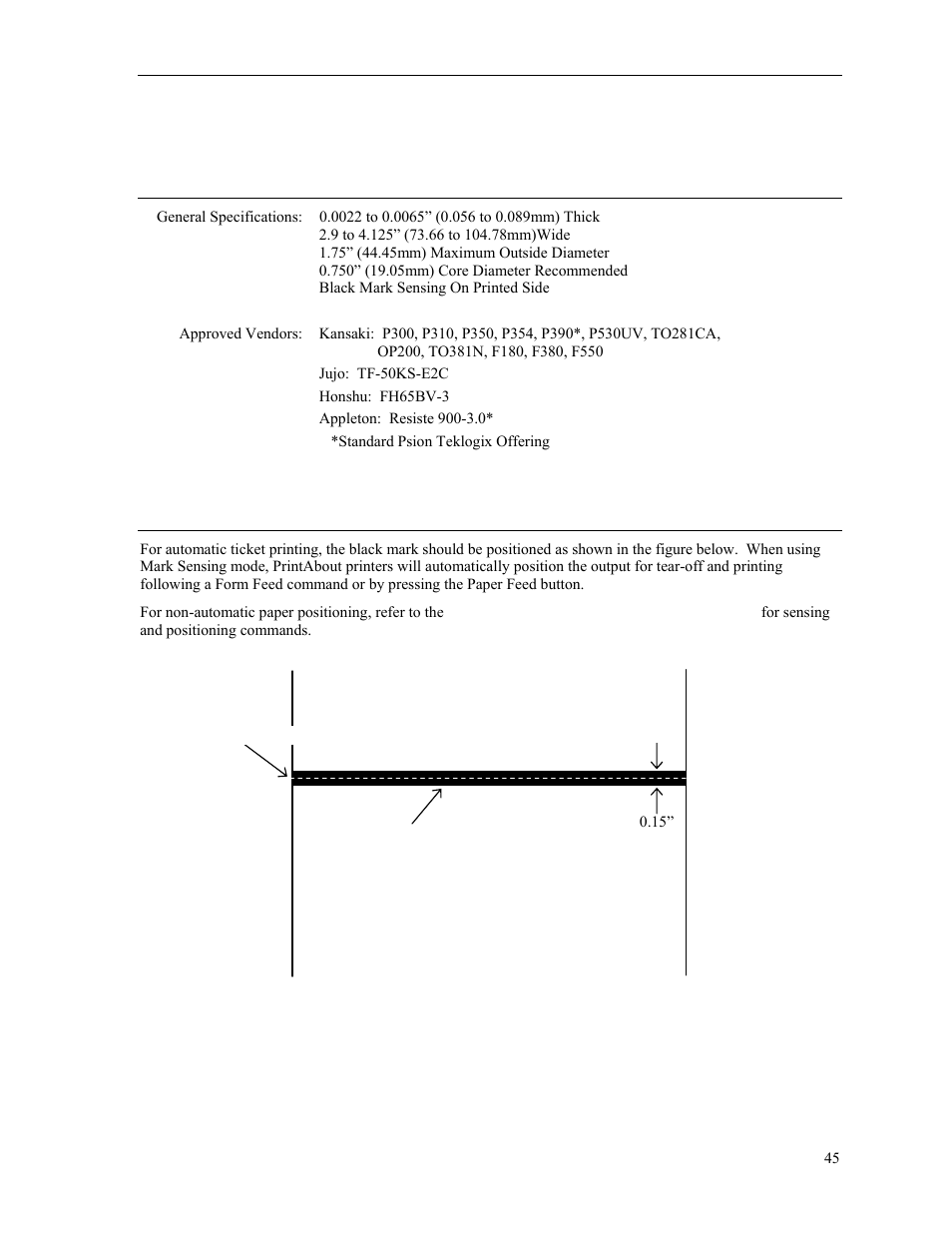 Media specifications | Psion Teklogix PrintAbout MP2000 User Manual | Page 51 / 55