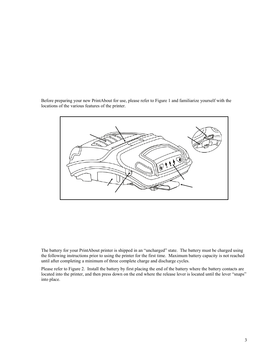 Getting started, Printer features, Battery installation and charging | Getting started cont | Psion Teklogix PrintAbout MP2000 User Manual | Page 9 / 55