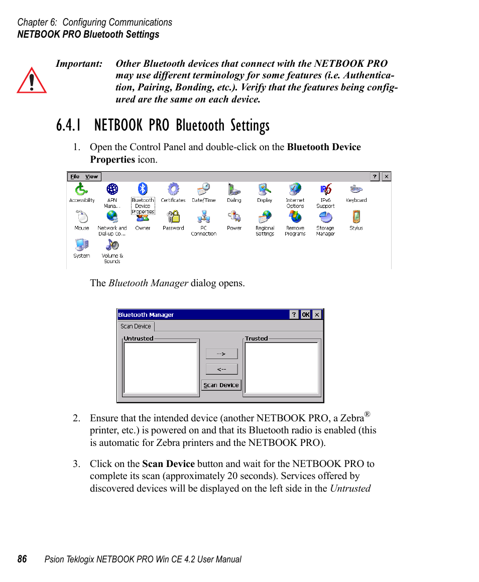 1 netbook pro bluetooth settings, Netbook pro bluetooth settings | Psion Teklogix Win CE 4.2 User Manual | Page 104 / 152