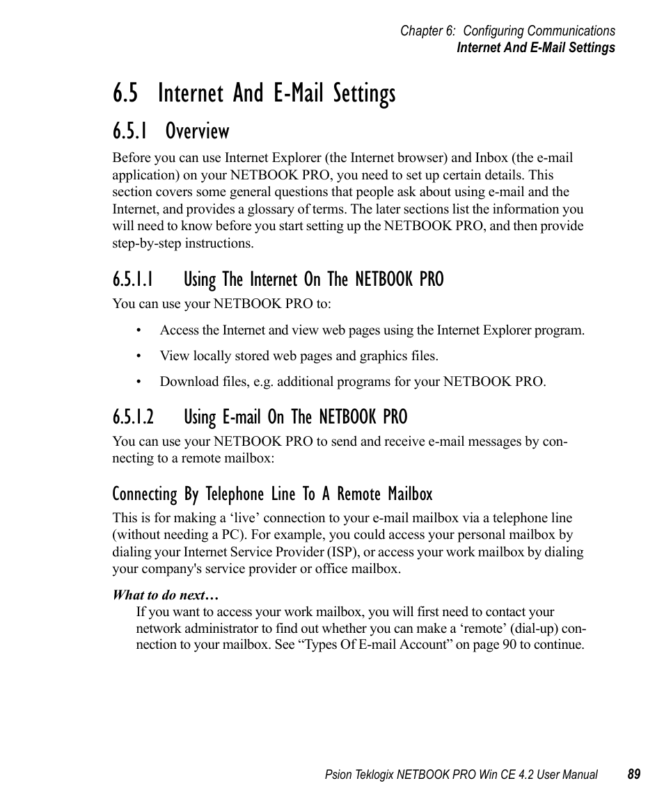 5 internet and e-mail settings, 1 overview, 1 using the internet on the netbook pro | 2 using e-mail on the netbook pro, Internet and e-mail settings, Overview, Connecting by telephone line to a remote mailbox | Psion Teklogix Win CE 4.2 User Manual | Page 107 / 152