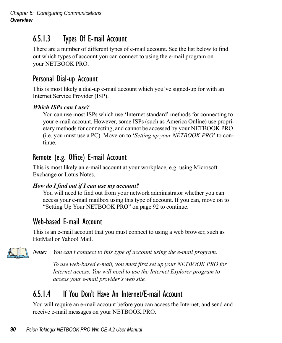 3 types of e-mail account, 4 if you don’t have an internet/e-mail account, Personal dial-up account | Remote (e.g. office) e-mail account, Web-based e-mail account | Psion Teklogix Win CE 4.2 User Manual | Page 108 / 152