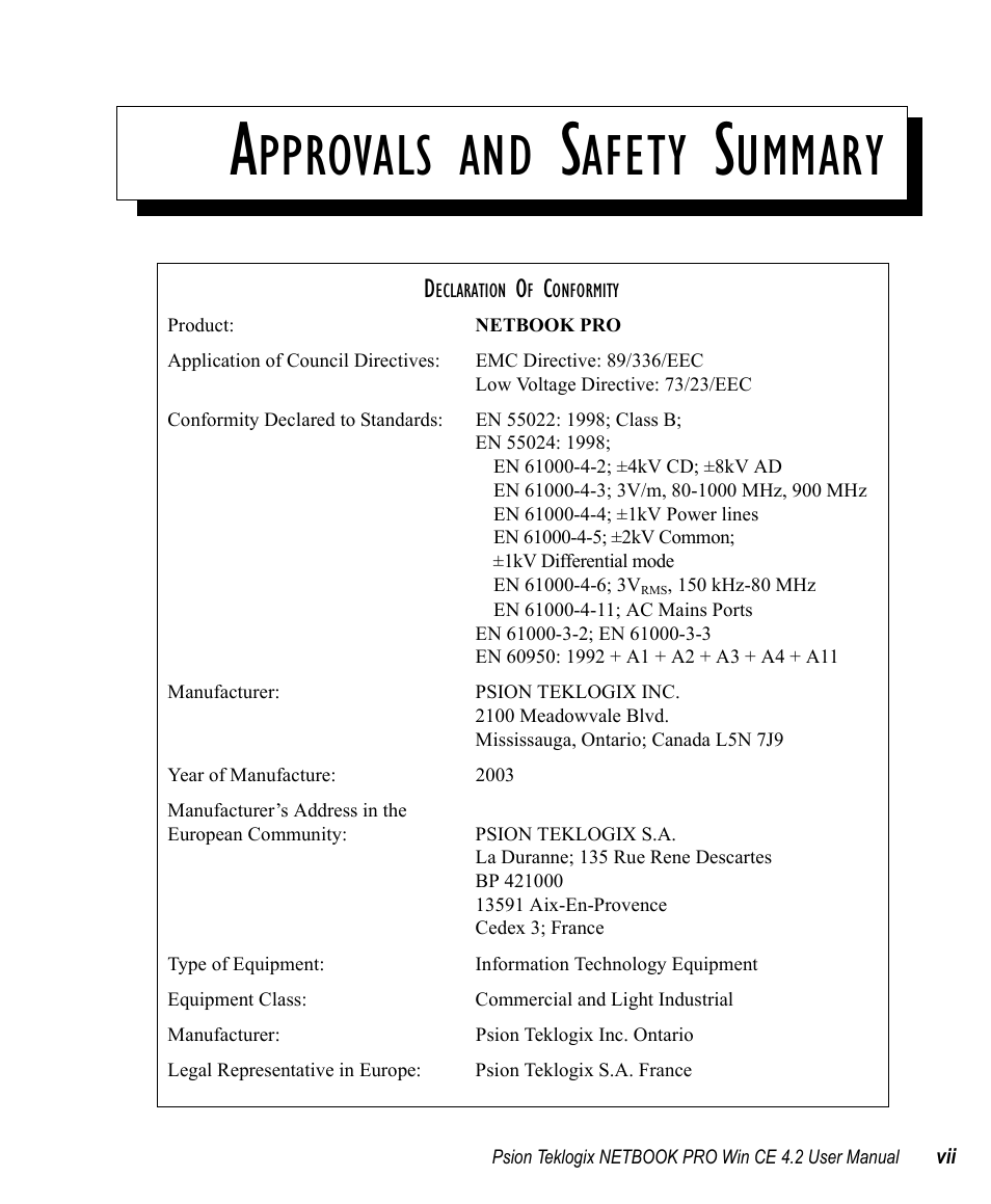 Approvals and safety summary, Pprovals, Afety | Ummary | Psion Teklogix Win CE 4.2 User Manual | Page 11 / 152