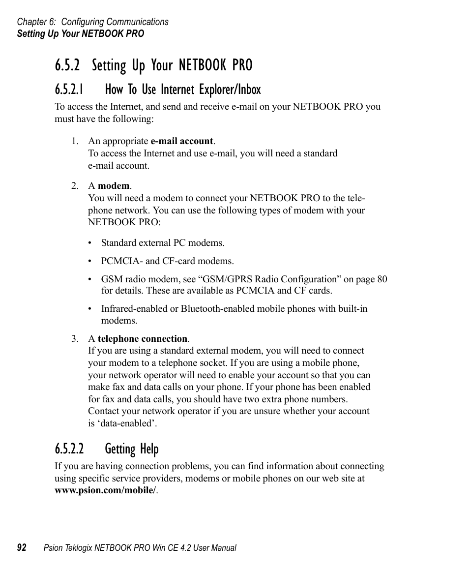 2 setting up your netbook pro, 1 how to use internet explorer/inbox, 2 getting help | Setting up your netbook pro | Psion Teklogix Win CE 4.2 User Manual | Page 110 / 152