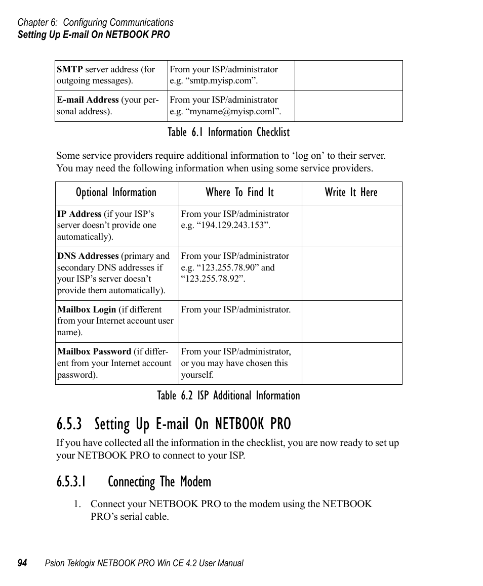 3 setting up e-mail on netbook pro, 1 connecting the modem, Setting up e-mail on netbook pro | Psion Teklogix Win CE 4.2 User Manual | Page 112 / 152