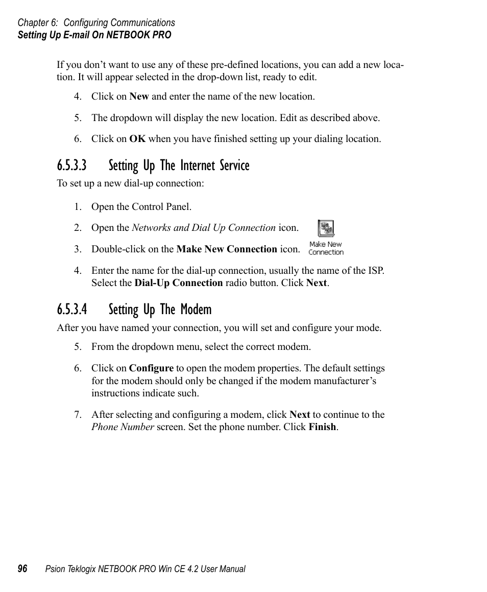 3 setting up the internet service, 4 setting up the modem | Psion Teklogix Win CE 4.2 User Manual | Page 114 / 152