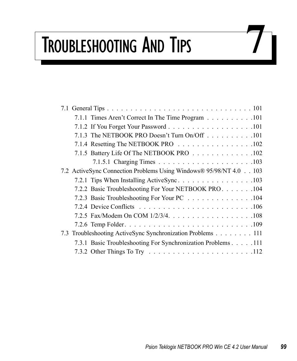 Troubleshooting and tips 7, Chapter 7: troubleshooting and tips, Roubleshooting | Psion Teklogix Win CE 4.2 User Manual | Page 117 / 152