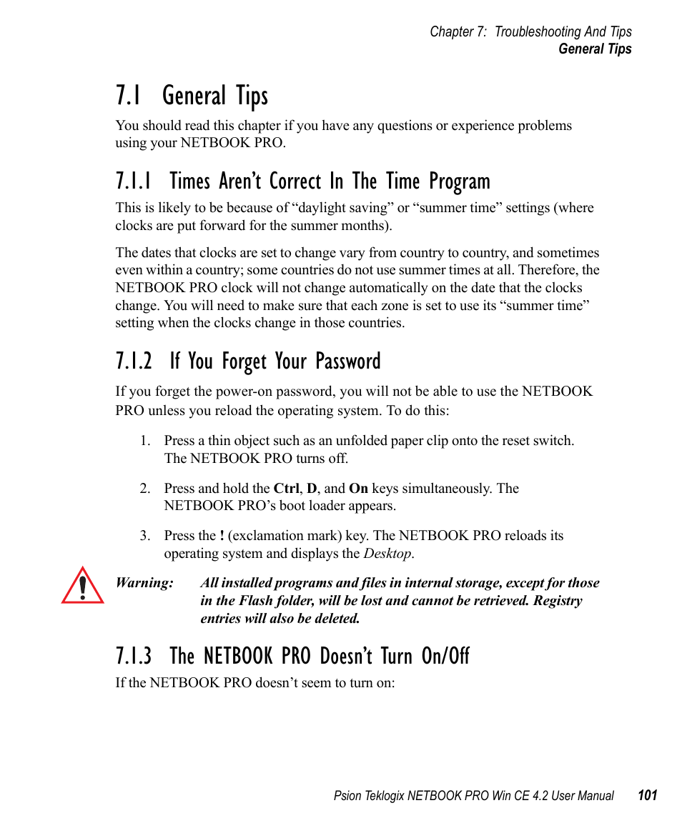 1 general tips, 1 times aren’t correct in the time program, 2 if you forget your password | 3 the netbook pro doesn’t turn on/off, General tips, Times aren’t correct in the time program, If you forget your password, The netbook pro doesn’t turn on/off | Psion Teklogix Win CE 4.2 User Manual | Page 119 / 152