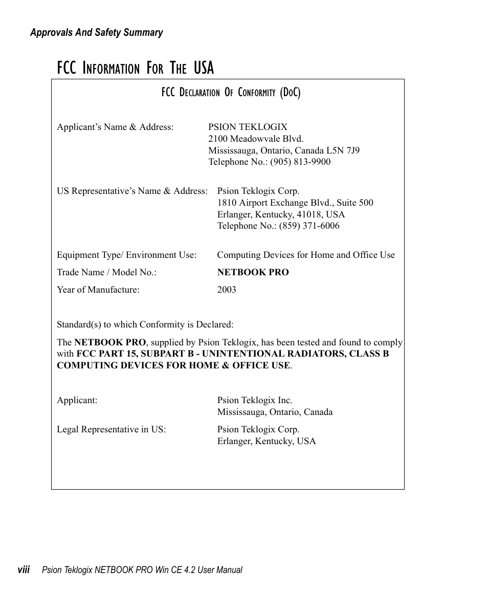 Fcc i, Nformation, Fcc d | Psion Teklogix Win CE 4.2 User Manual | Page 12 / 152