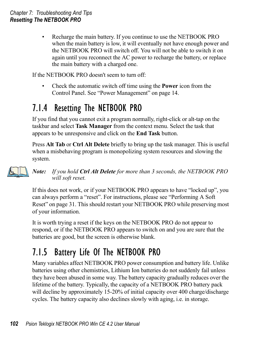 4 resetting the netbook pro, 5 battery life of the netbook pro, Resetting the netbook pro | Battery life of the netbook pro | Psion Teklogix Win CE 4.2 User Manual | Page 120 / 152