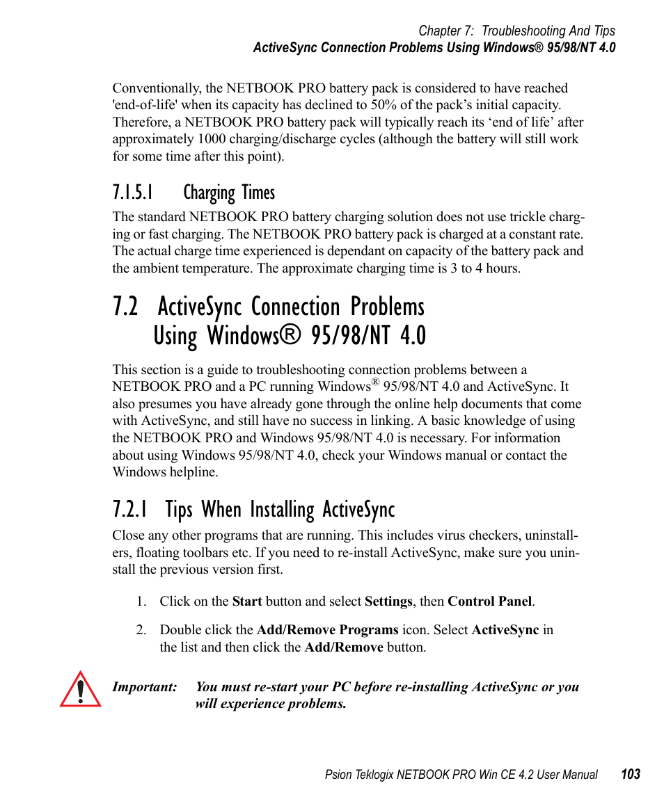 1 charging times, 1 tips when installing activesync, Tips when installing activesync | Psion Teklogix Win CE 4.2 User Manual | Page 121 / 152