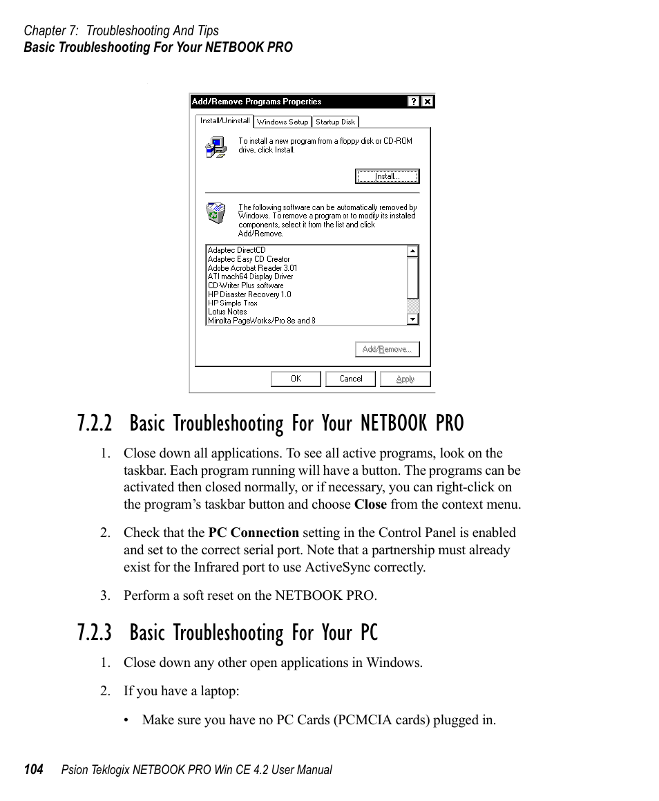 2 basic troubleshooting for your netbook pro, 3 basic troubleshooting for your pc, Basic troubleshooting for your netbook pro | Basic troubleshooting for your pc | Psion Teklogix Win CE 4.2 User Manual | Page 122 / 152