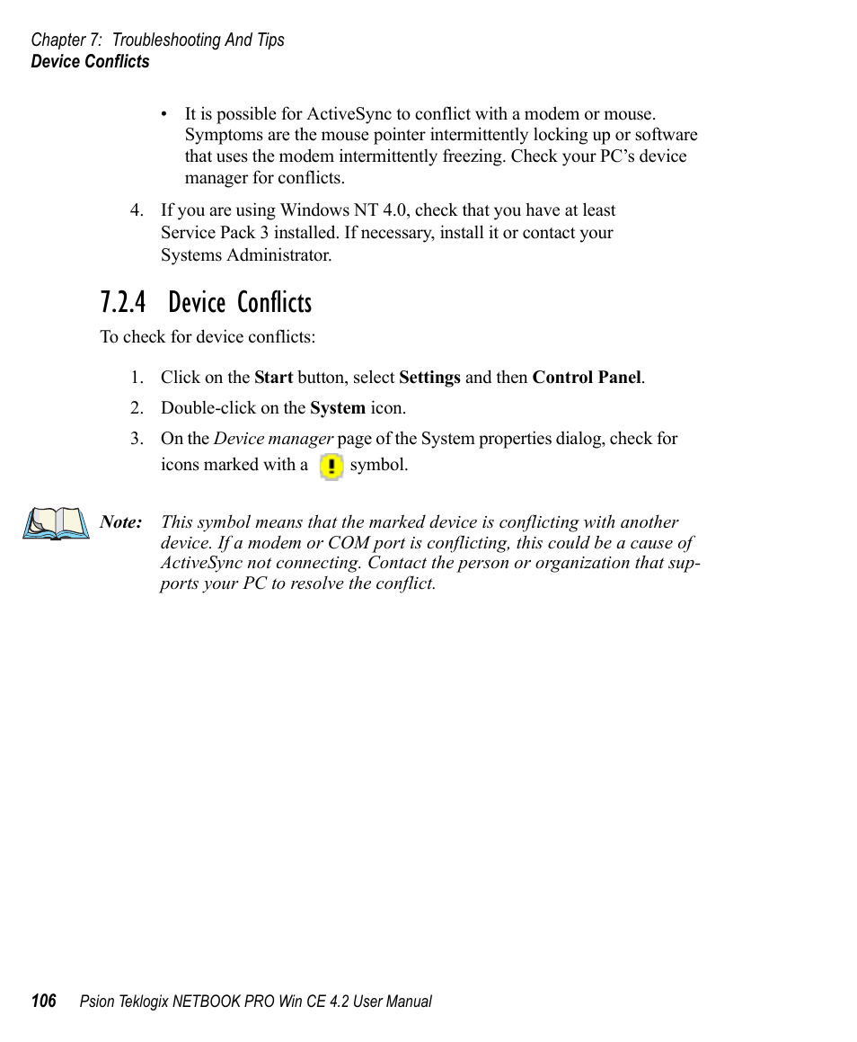 4 device conflicts, Device conflicts | Psion Teklogix Win CE 4.2 User Manual | Page 124 / 152