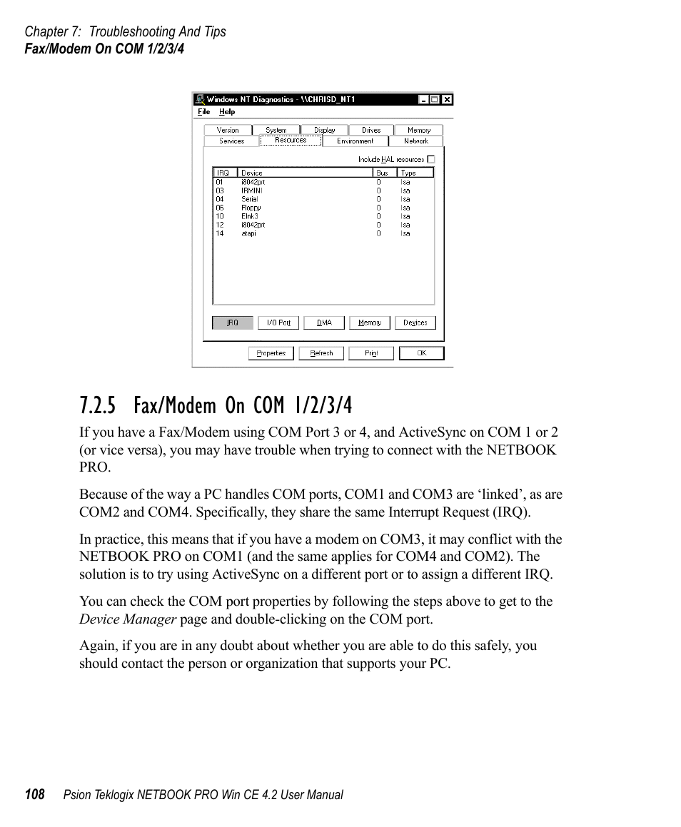 5 fax/modem on com 1/2/3/4, Fax/modem on com 1/2/3/4 | Psion Teklogix Win CE 4.2 User Manual | Page 126 / 152