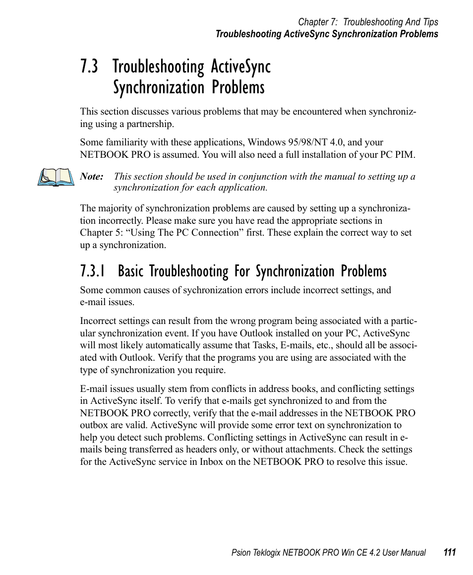 Basic troubleshooting for synchronization problems | Psion Teklogix Win CE 4.2 User Manual | Page 129 / 152