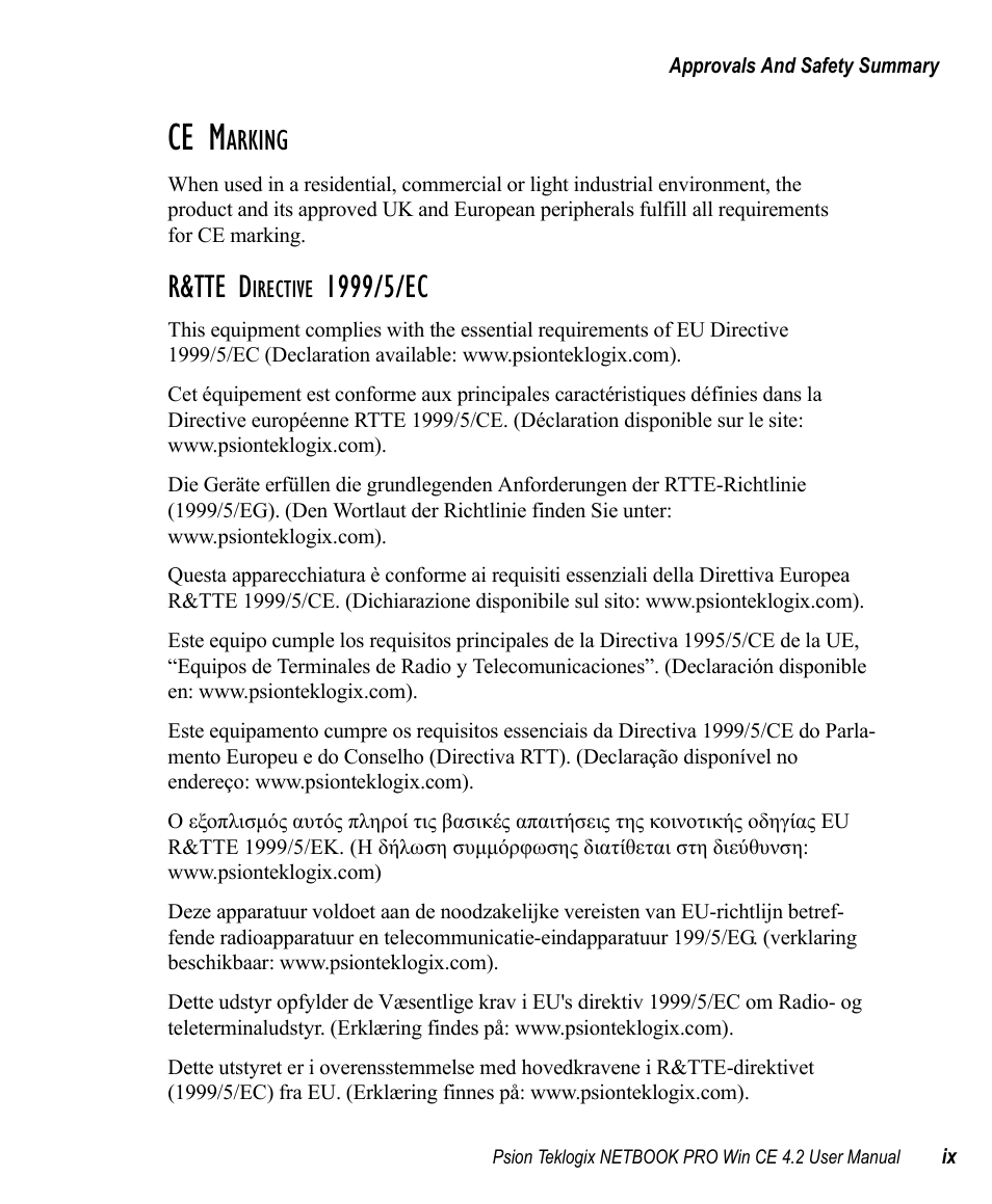 R&tte directive 1999/5/ec, Ce m, R&tte d | Arking | Psion Teklogix Win CE 4.2 User Manual | Page 13 / 152