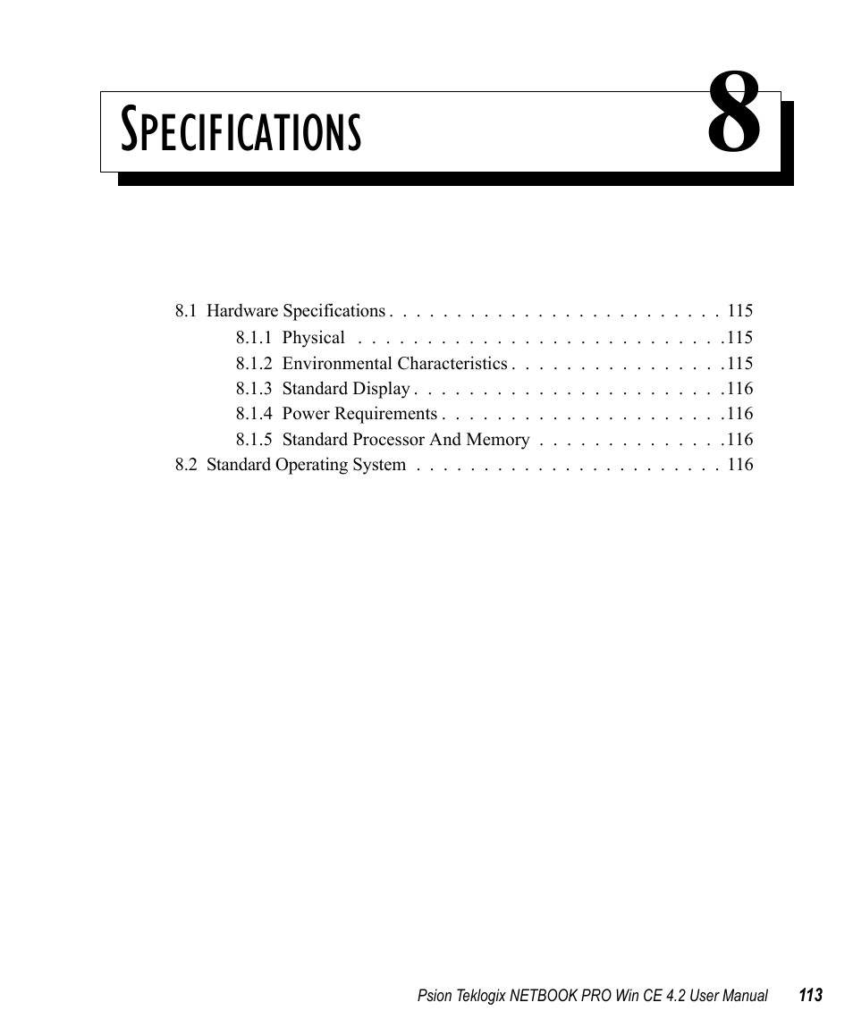 Specifications 8, Chapter 8: specifications, Pecifications | Psion Teklogix Win CE 4.2 User Manual | Page 131 / 152