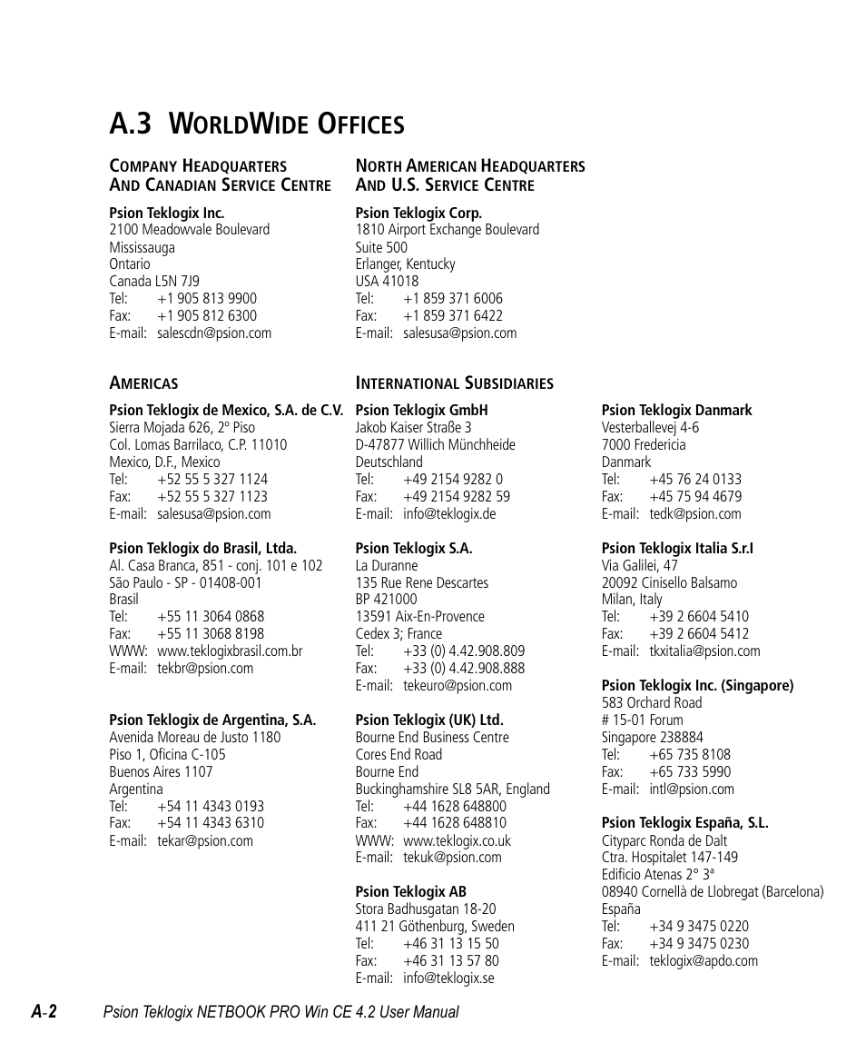 A.3 worldwide offices, Company headquarters, A.3 w | Orld, Ffices | Psion Teklogix Win CE 4.2 User Manual | Page 138 / 152