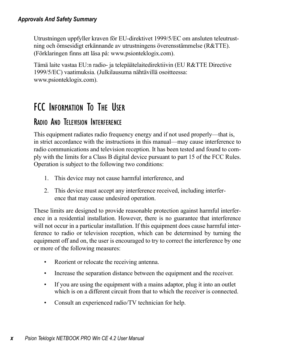 Radio and television interference, Fcc i | Psion Teklogix Win CE 4.2 User Manual | Page 14 / 152