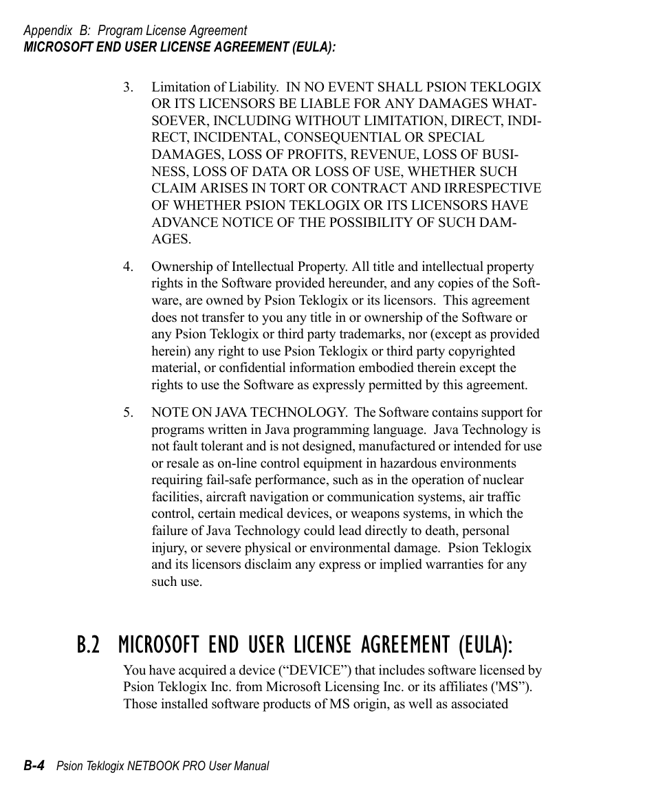 B.2 microsoft end user license agreement (eula) | Psion Teklogix Win CE 4.2 User Manual | Page 144 / 152