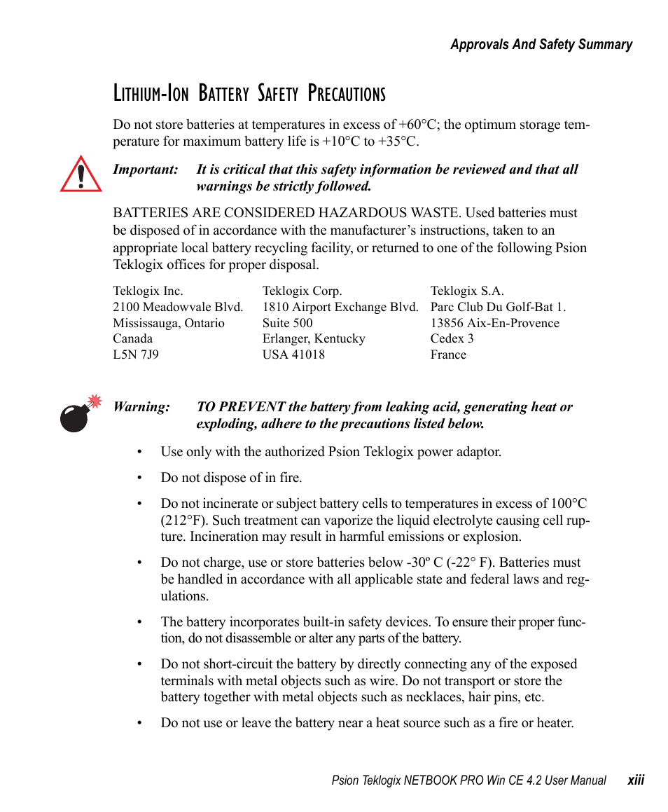 Ithium, Attery, Afety | Recautions | Psion Teklogix Win CE 4.2 User Manual | Page 17 / 152