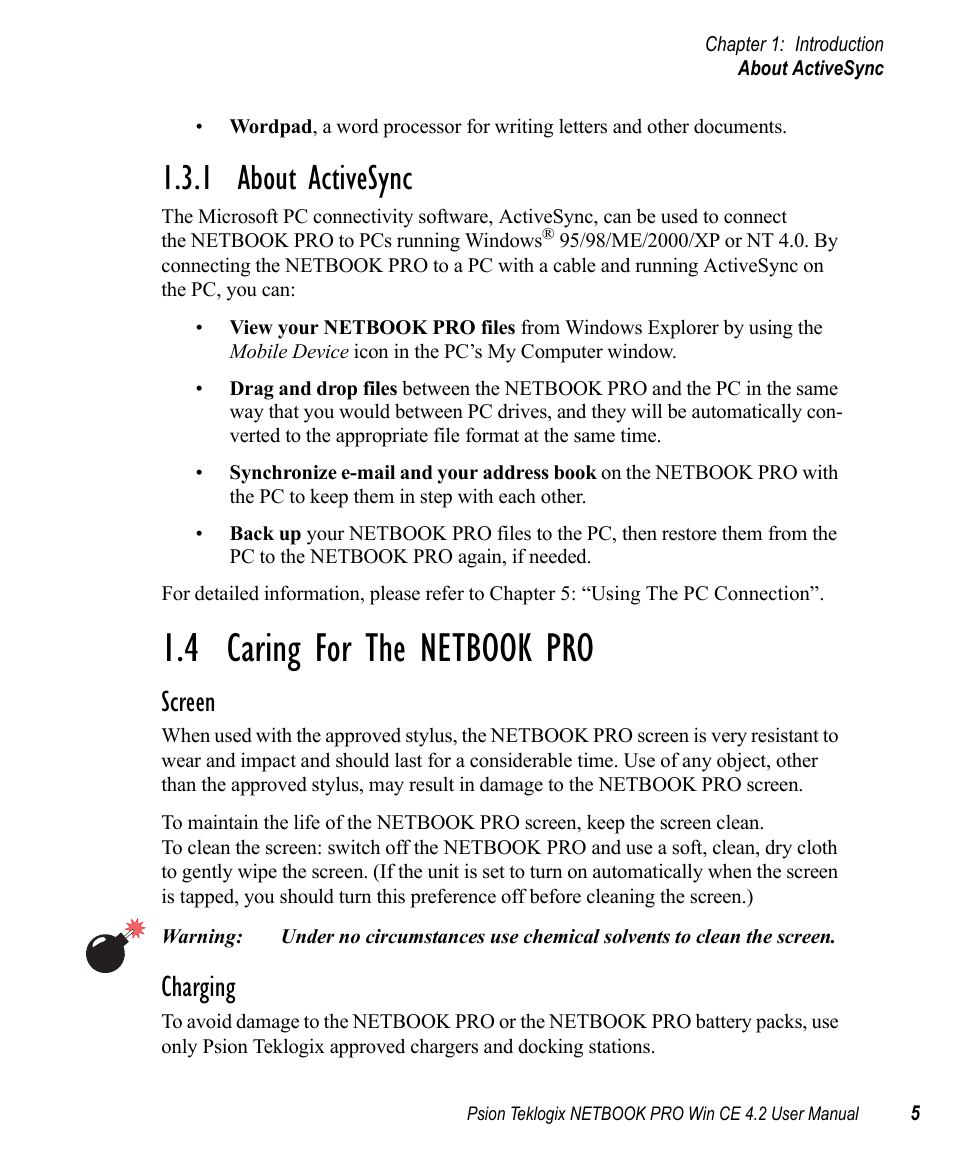 1 about activesync, 4 caring for the netbook pro, About activesync | Caring for the netbook pro, Screen, Charging | Psion Teklogix Win CE 4.2 User Manual | Page 23 / 152