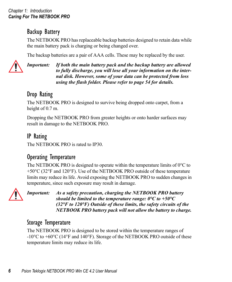 Backup battery, Drop rating, Ip rating | Operating temperature, Storage temperature | Psion Teklogix Win CE 4.2 User Manual | Page 24 / 152